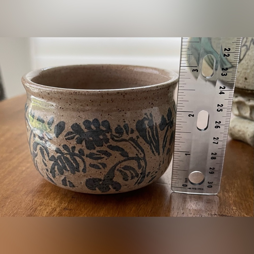 Handmade Small Stoneware Pottery Bowl w/ Blue Leaves Motif Signed